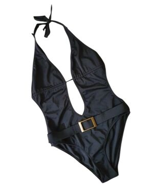 SISI AQUA  black one-piece swimsuit stands out for its plunge design Size 34